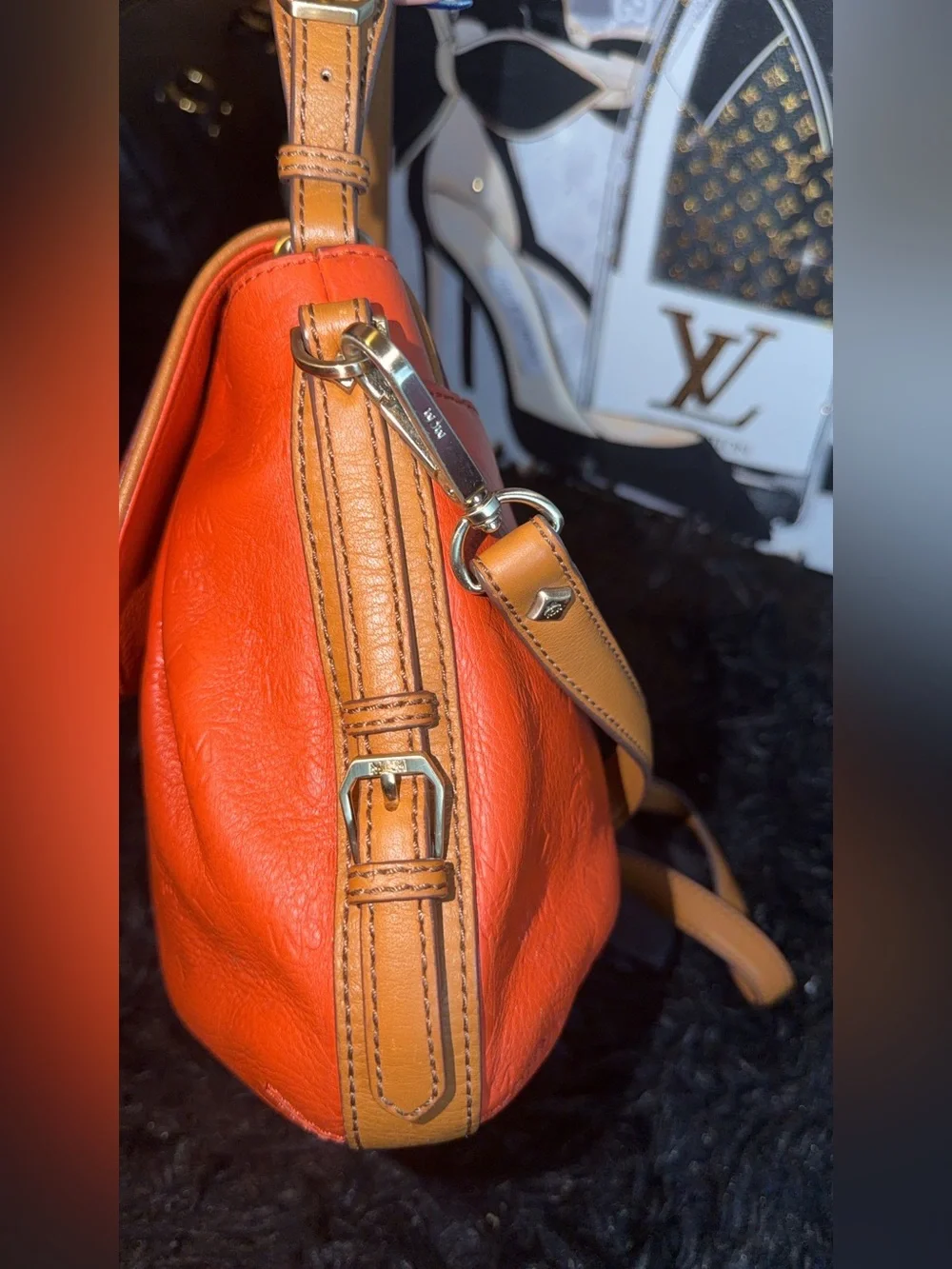 MCM Orange Pebbled Leather Shoulder Bag with Gold Logo